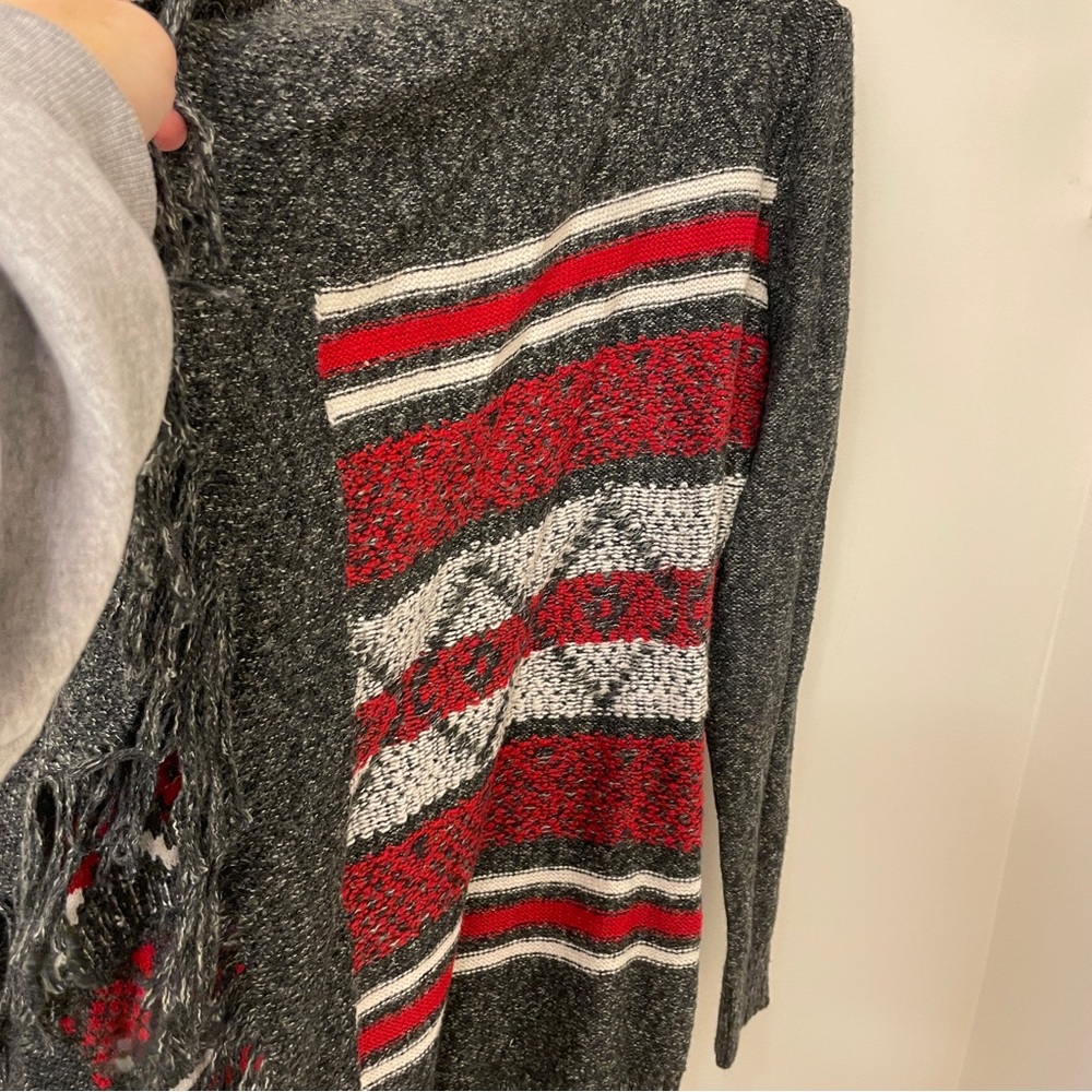 St Johns Bay Cardigan Sweater Gray  Red White Aztec Open Front, Fringe ,XL, NWT - Picture 5 of 12